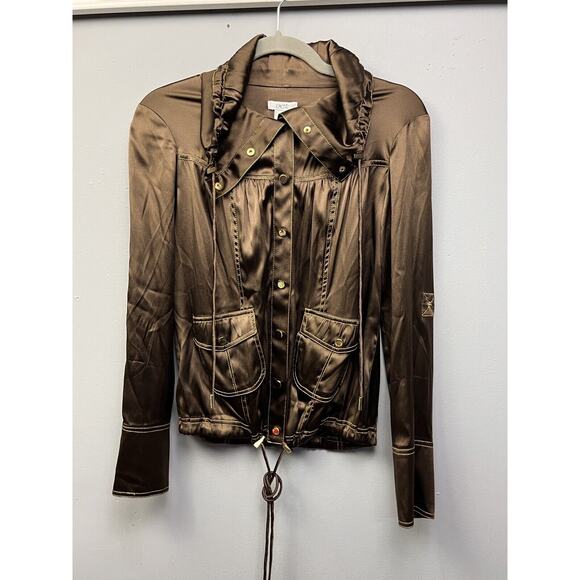Cache Jackets & Blazers - Cache Silk Jacket Womens XS Brown Gold button Metallic Shimmer Pockets Y2K